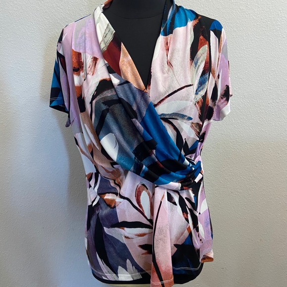 DKNY Women's XL Portrait of an Artist Print Knit Faux Wrap Top Blouse NEW - Picture 1 of 7